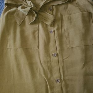 Olive green midi-length button down skirt